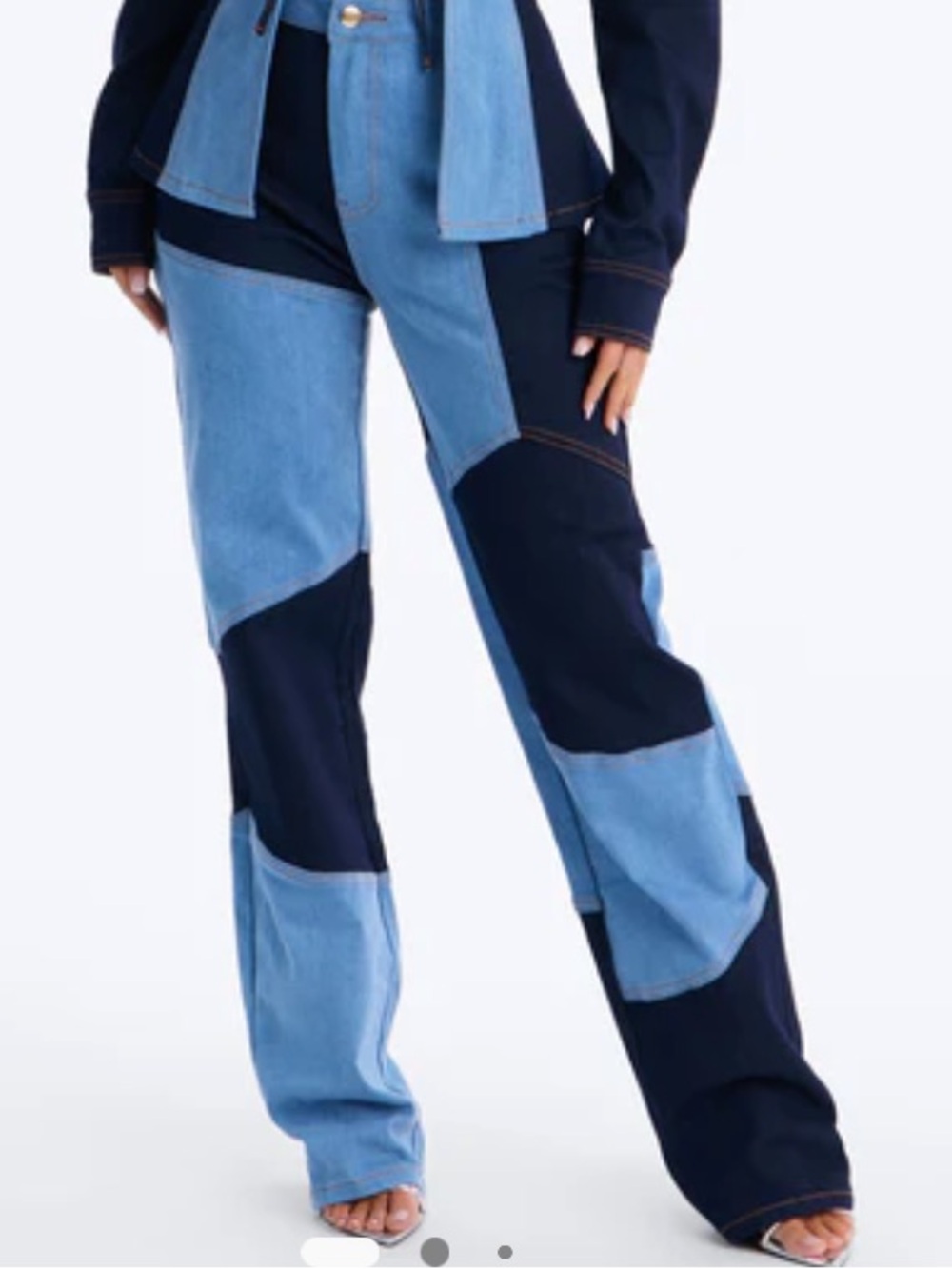 Two-Tone Patchwork Denim Boot Leg Pants - Light & Dark Blue